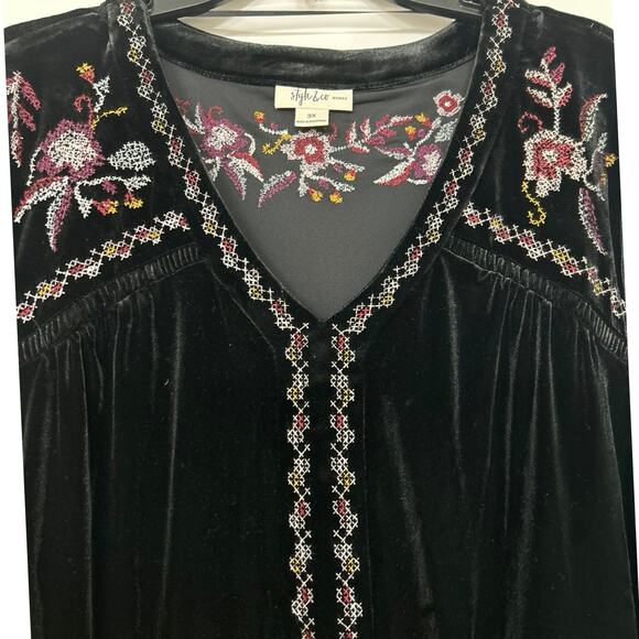 Style & Co Black Velvet Embroidered Baby Doll Top Boho Whimsigoth 3X New - Picture 8 of 15